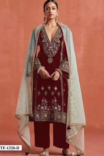 Red heavy velvet semi stitched suit with embroidery work