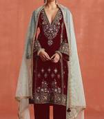 Red heavy velvet semi stitched suit with embroidery work