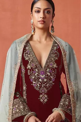Red heavy velvet suit with embroidery 