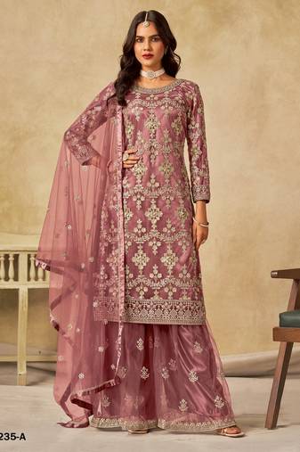 Brown heavy net semi stitched suit with embroidery work