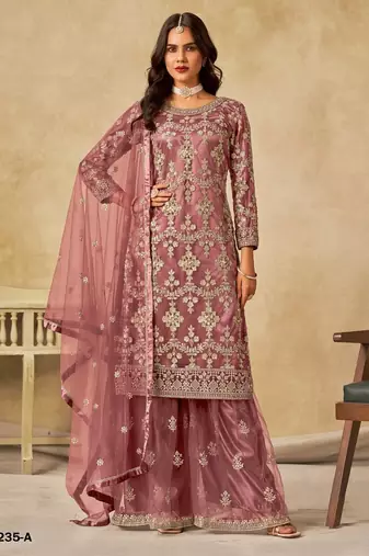Brown heavy net semi stitched suit with embroidery work