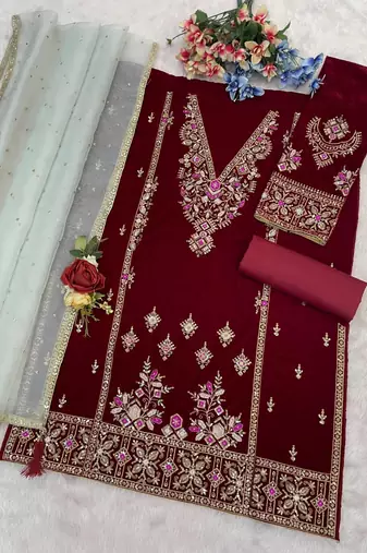 Red heavy velvet suit with embroidery 