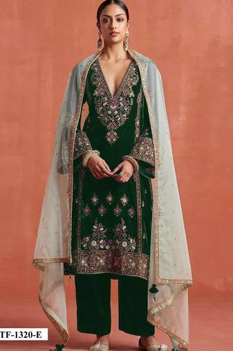 Dark green heavy velvet semi stitched suit with embroidery work
