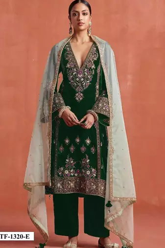 Dark green heavy velvet semi stitched suit with embroidery work
