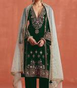 Dark green heavy velvet semi stitched suit with embroidery work