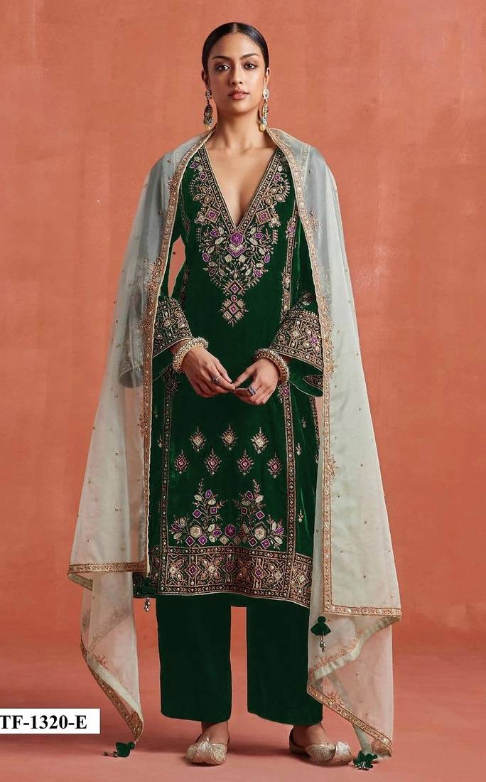 Dark green heavy velvet semi stitched suit with embroidery work