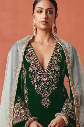 Dark green heavy velvet suit with embroidery 
