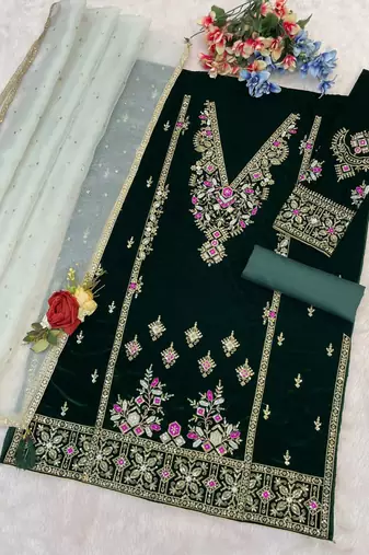 Dark green heavy velvet suit with embroidery 