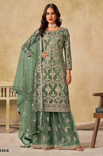 Green heavy net semi stitched suit with embroidery work