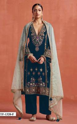 Teal heavy velvet suit with embroidery  1