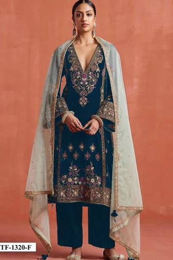 Teal heavy velvet semi stitched suit with embroidery work