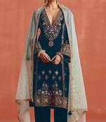 Teal heavy velvet semi stitched suit with embroidery work