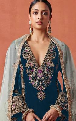 Teal heavy velvet suit with embroidery  2