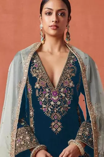 Teal heavy velvet suit with embroidery 