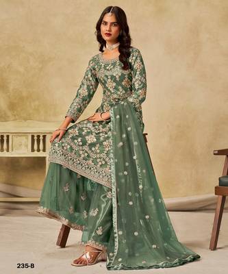 Green heavy net suit with embroidery  3