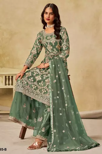 Green heavy net suit with embroidery 