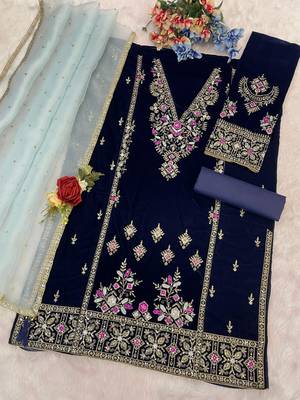 Teal heavy velvet suit with embroidery  3