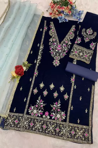 Teal heavy velvet suit with embroidery 