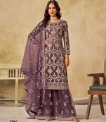 Purple heavy net semi stitched suit with embroidery work