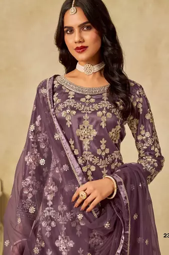 Purple heavy net suit with embroidery 