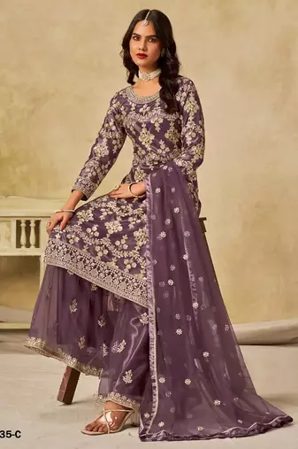 Purple heavy net suit with embroidery 