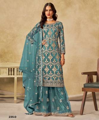 Teal blue heavy net semi stitched suit with embroidery work 1