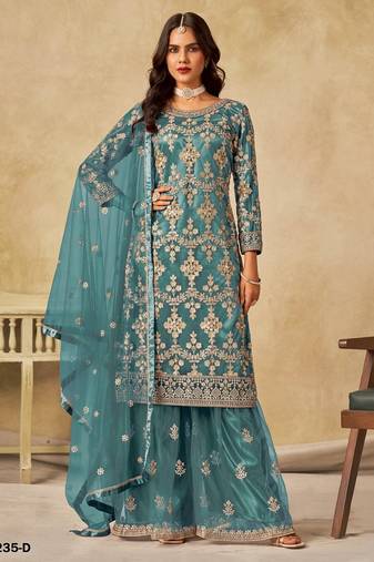 Teal blue heavy net semi stitched suit with embroidery work