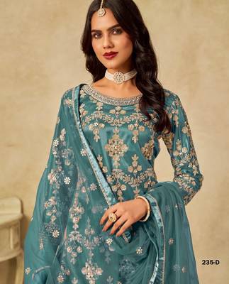 Teal blue heavy net semi stitched suit with embroidery work 2