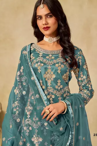 Teal blue heavy net semi stitched suit with embroidery work