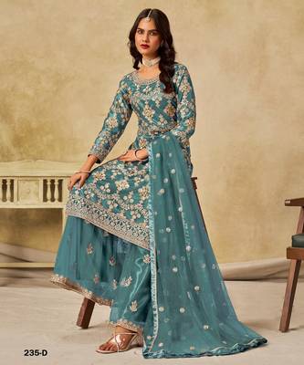 Teal blue heavy net semi stitched suit with embroidery work 3