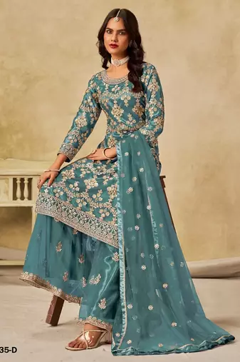 Teal blue heavy net semi stitched suit with embroidery work