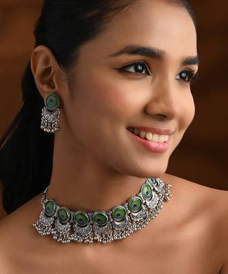 Navratri oxidised silver plated afghani choker necklace jewellery set for women  1