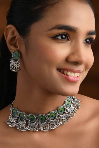 Navratri oxidised silver plated afghani choker necklace jewellery set for women (mc144ox)