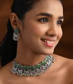 Navratri oxidised silver plated afghani choker necklace jewellery set for women 