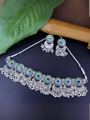 Navratri oxidised silver plated afghani choker necklace jewellery set for women  2