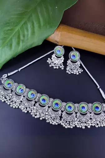 Navratri oxidised silver plated afghani choker necklace jewellery set for women 