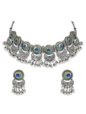 Navratri oxidised silver plated afghani choker necklace jewellery set for women  3