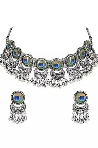 Navratri oxidised silver plated afghani choker necklace jewellery set for women 