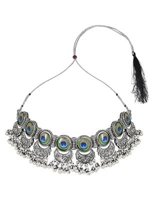 Navratri oxidised silver plated afghani choker necklace jewellery set for women  4