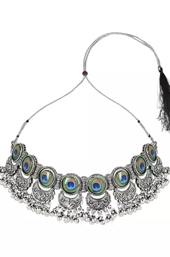 Navratri oxidised silver plated afghani choker necklace jewellery set for women 