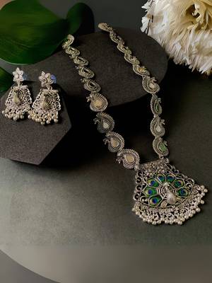 Navratri ethnic silver oxidised ghungroo long necklace jewellery with jhumka earrings set for women/girls  1