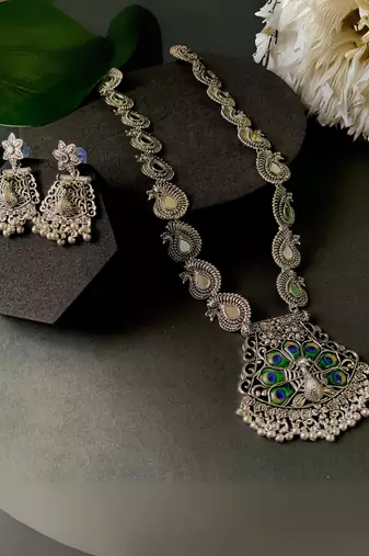 Navratri ethnic silver oxidised ghungroo long necklace jewellery with jhumka earrings set for women/girls (style2)