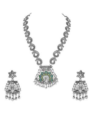 Navratri ethnic silver oxidised ghungroo long necklace jewellery with jhumka earrings set for women/girls  2