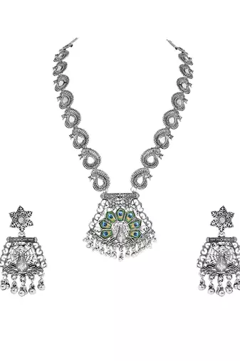 Navratri ethnic silver oxidised ghungroo long necklace jewellery with jhumka earrings set for women/girls 