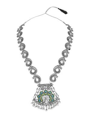 Navratri ethnic silver oxidised ghungroo long necklace jewellery with jhumka earrings set for women/girls  3