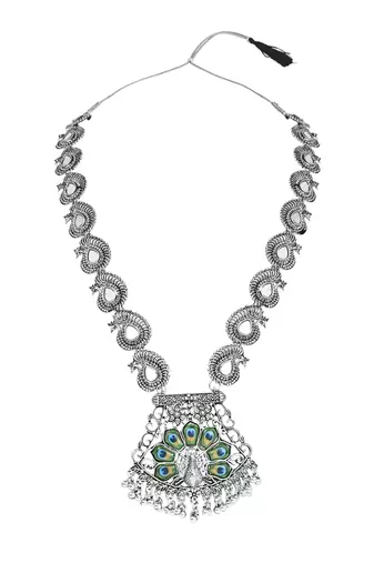 Navratri ethnic silver oxidised ghungroo long necklace jewellery with jhumka earrings set for women/girls 