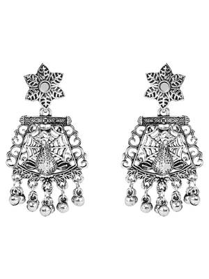 Navratri ethnic silver oxidised ghungroo long necklace jewellery with jhumka earrings set for women/girls  4
