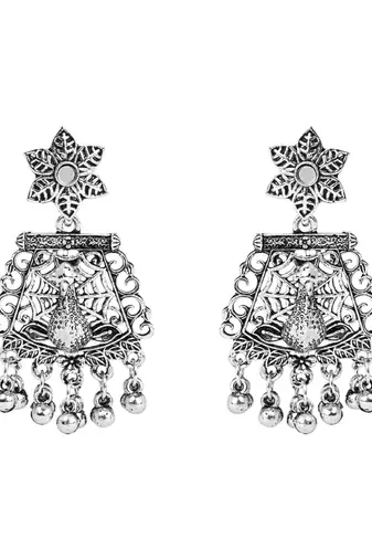 Navratri ethnic silver oxidised ghungroo long necklace jewellery with jhumka earrings set for women/girls 