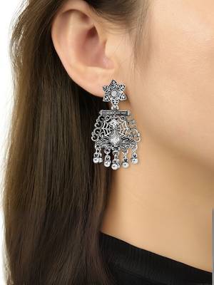 Navratri ethnic silver oxidised ghungroo long necklace jewellery with jhumka earrings set for women/girls  5