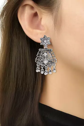 Navratri ethnic silver oxidised ghungroo long necklace jewellery with jhumka earrings set for women/girls 